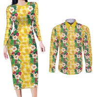 Hawaiian Palaka Couples Matching Long Sleeve Bodycon Dress and Long Sleeve Button Shirt Hibiscus Pineapple Lei LT9 Yellow - Polynesian Pride