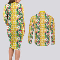 Hawaiian Palaka Couples Matching Long Sleeve Bodycon Dress and Long Sleeve Button Shirt Hibiscus Pineapple Lei LT9 - Polynesian Pride