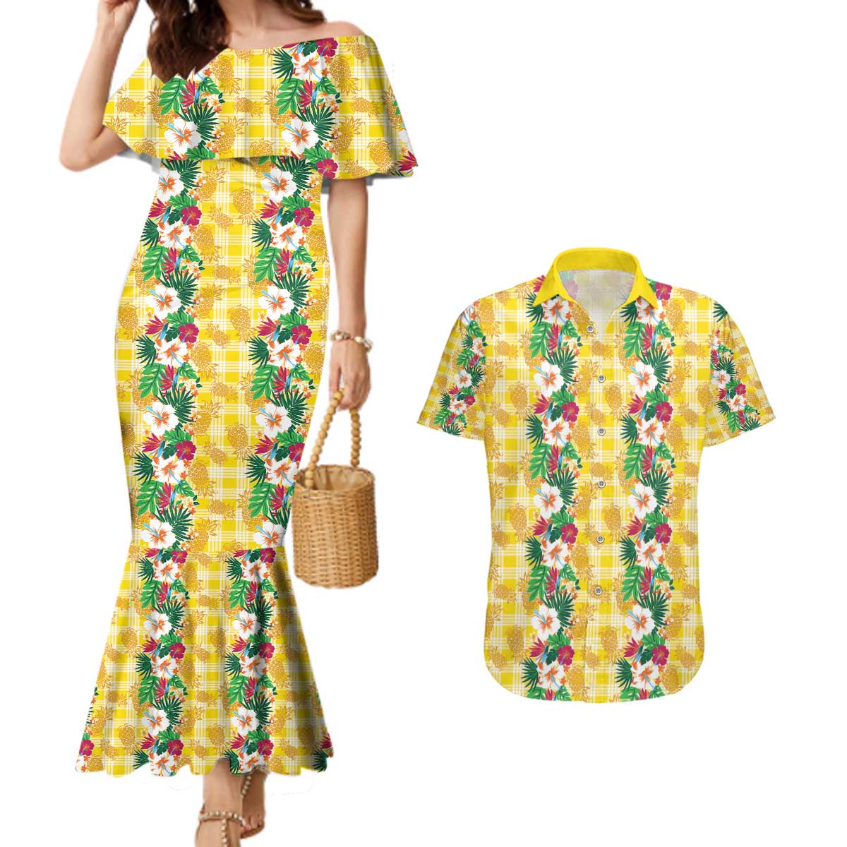 Hawaiian Palaka Couples Matching Mermaid Dress and Hawaiian Shirt Hibiscus Pineapple Lei LT9 Yellow - Polynesian Pride