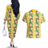 Hawaiian Palaka Couples Matching Off The Shoulder Long Sleeve Dress and Hawaiian Shirt Hibiscus Pineapple Lei LT9 - Polynesian Pride