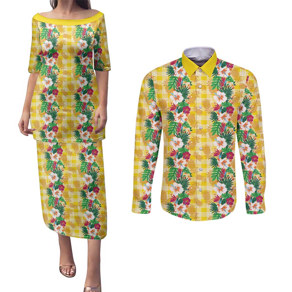 Hawaiian Palaka Couples Matching Puletasi and Long Sleeve Button Shirt Hibiscus Pineapple Lei LT9 Yellow - Polynesian Pride