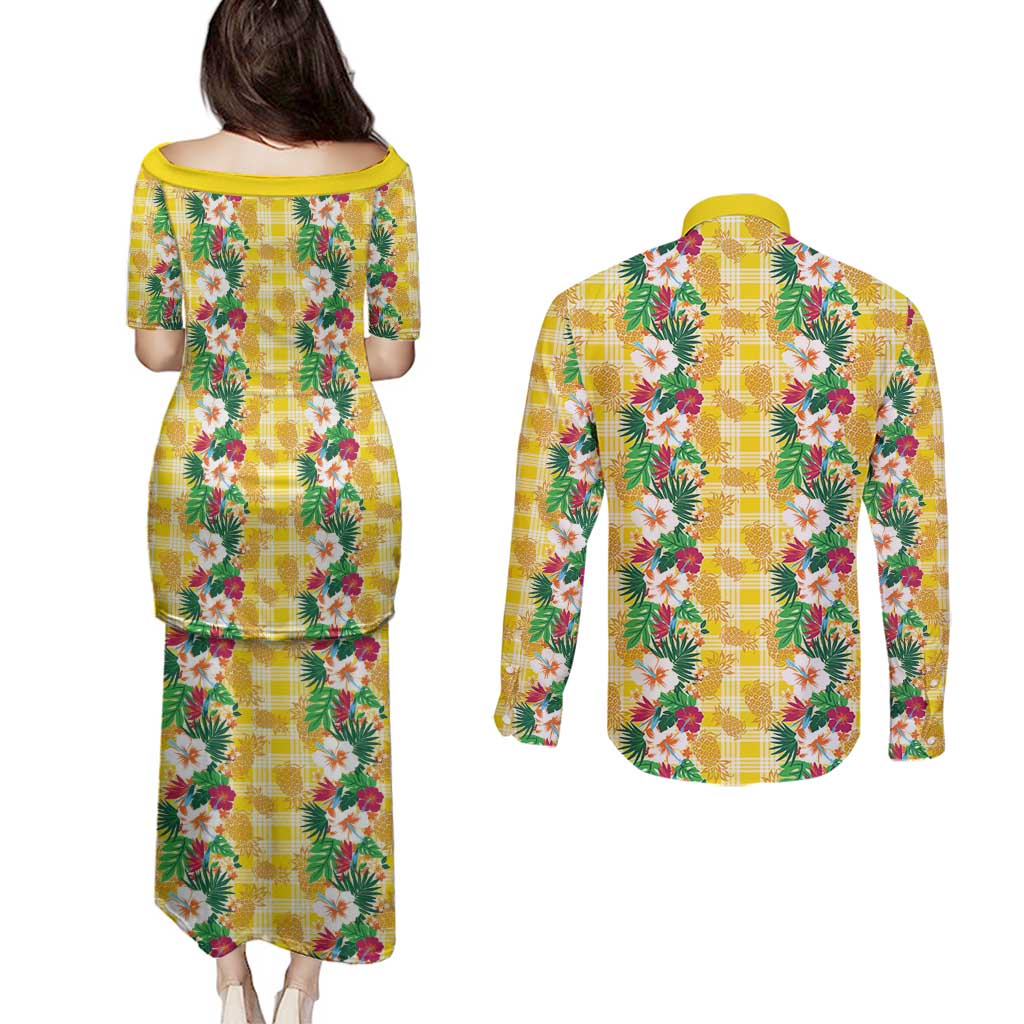 Hawaiian Palaka Couples Matching Puletasi and Long Sleeve Button Shirt Hibiscus Pineapple Lei - Polynesian Pride