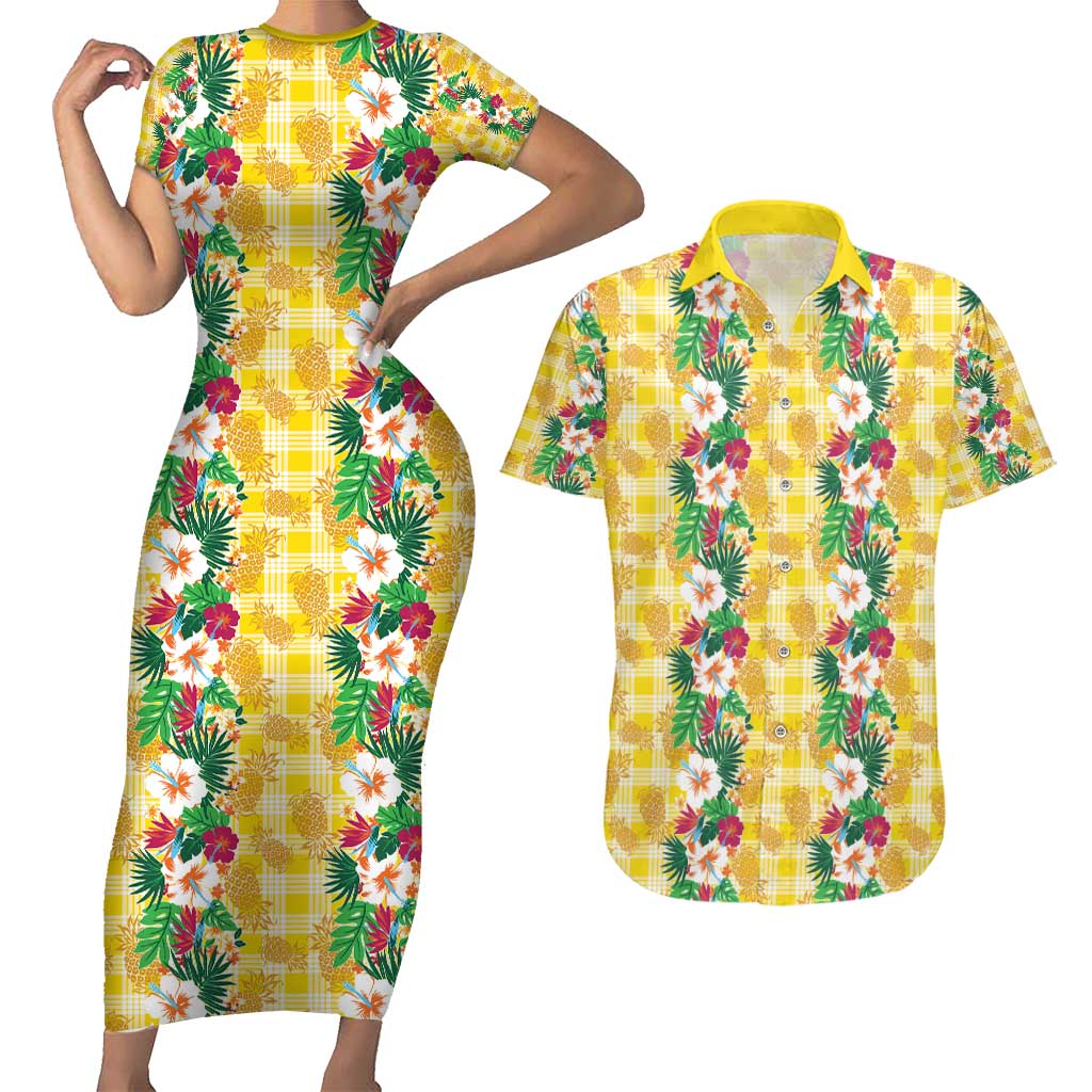 Hawaiian Palaka Couples Matching Short Sleeve Bodycon Dress and Hawaiian Shirt Hibiscus Pineapple Lei LT9 Yellow - Polynesian Pride