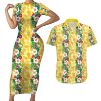 Hawaiian Palaka Couples Matching Short Sleeve Bodycon Dress and Hawaiian Shirt Hibiscus Pineapple Lei LT9 Yellow - Polynesian Pride