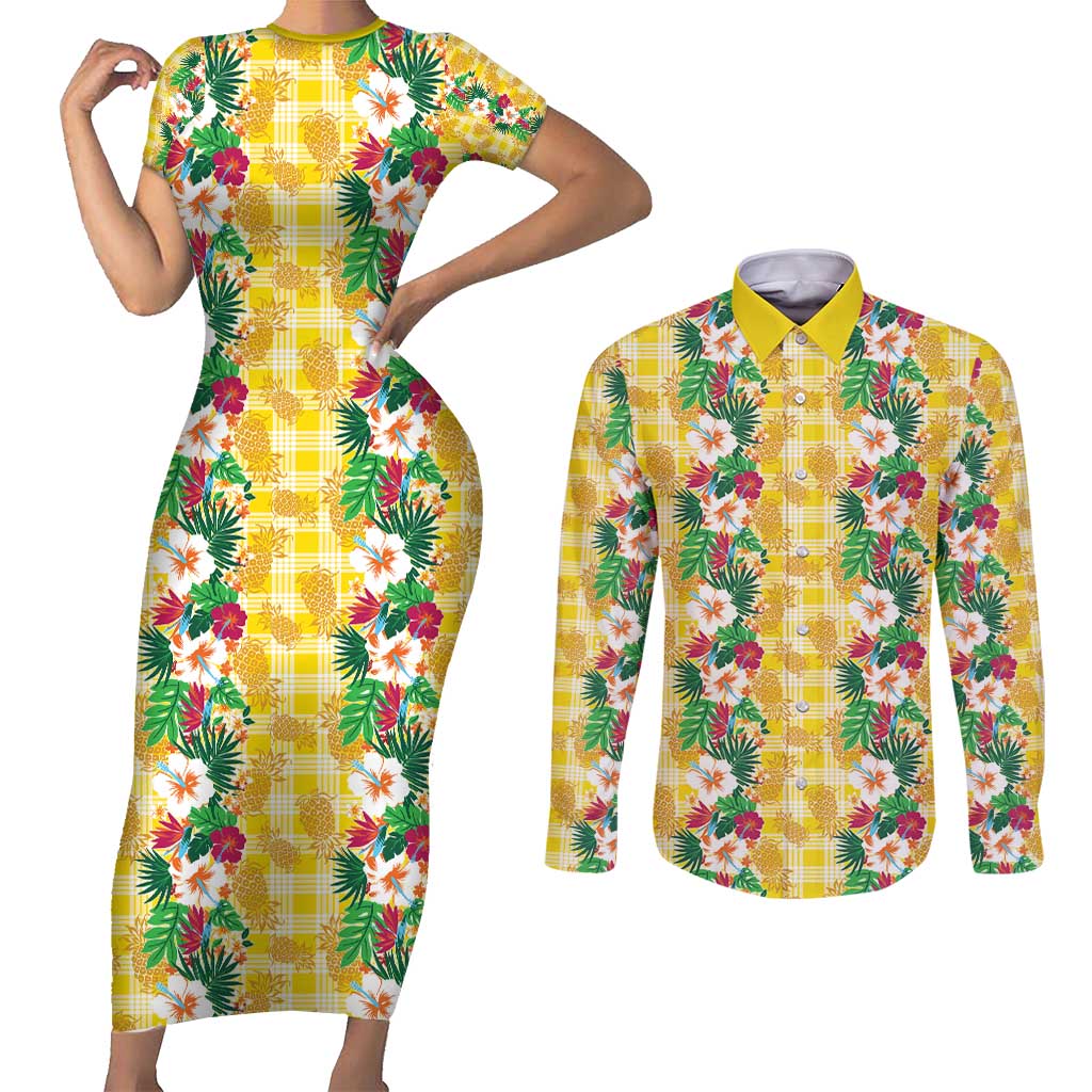 Hawaiian Palaka Couples Matching Short Sleeve Bodycon Dress and Long Sleeve Button Shirt Hibiscus Pineapple Lei LT9 Yellow - Polynesian Pride