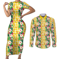 Hawaiian Palaka Couples Matching Short Sleeve Bodycon Dress and Long Sleeve Button Shirt Hibiscus Pineapple Lei LT9 Yellow - Polynesian Pride