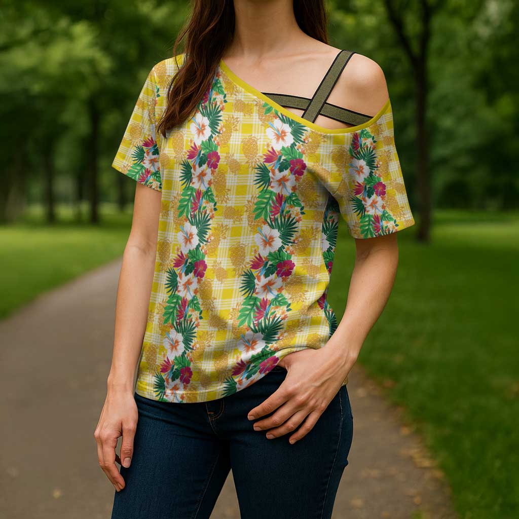 Hawaiian Palaka Cross Shoulder Shirt Hibiscus Pineapple Lei - Polynesian Pride