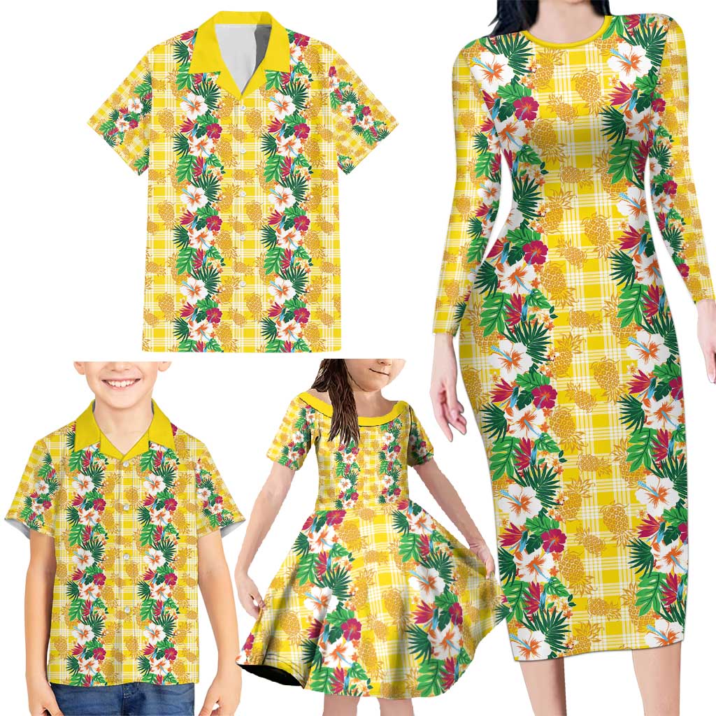 Hawaiian Palaka Family Matching Long Sleeve Bodycon Dress and Hawaiian Shirt Hibiscus Pineapple Lei LT9 - Polynesian Pride
