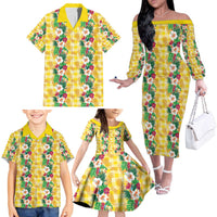 Hawaiian Palaka Family Matching Off The Shoulder Long Sleeve Dress and Hawaiian Shirt Hibiscus Pineapple Lei LT9 - Polynesian Pride