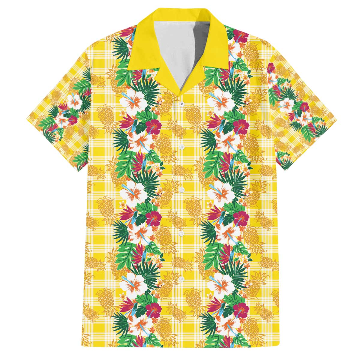 Hawaiian Palaka Family Matching Off The Shoulder Long Sleeve Dress and Hawaiian Shirt Hibiscus Pineapple Lei LT9 Dad's Shirt - Short Sleeve Yellow - Polynesian Pride