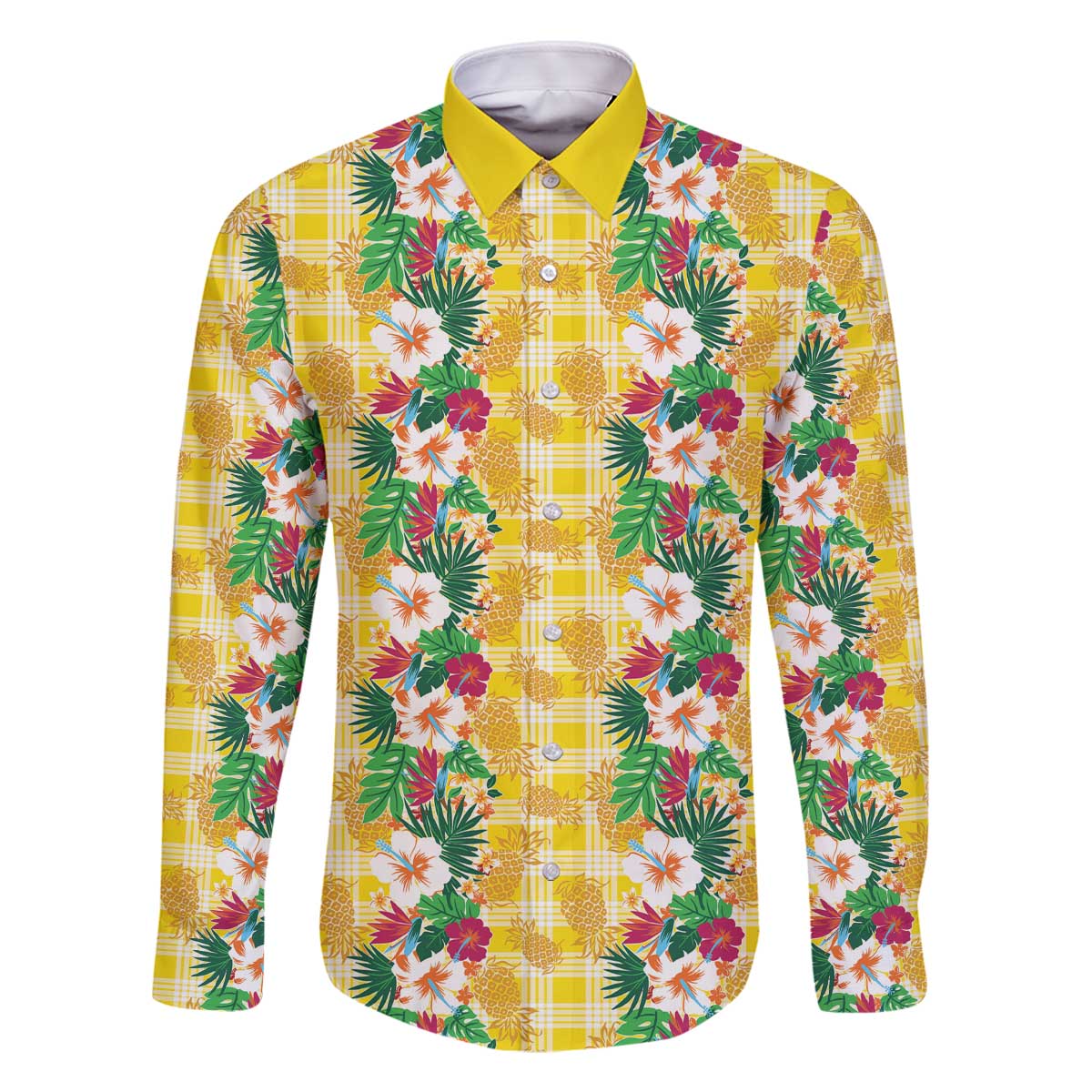 Hawaiian Palaka Family Matching Off The Shoulder Long Sleeve Dress and Hawaiian Shirt Hibiscus Pineapple Lei LT9 Dad's Shirt - Long Sleeve Yellow - Polynesian Pride