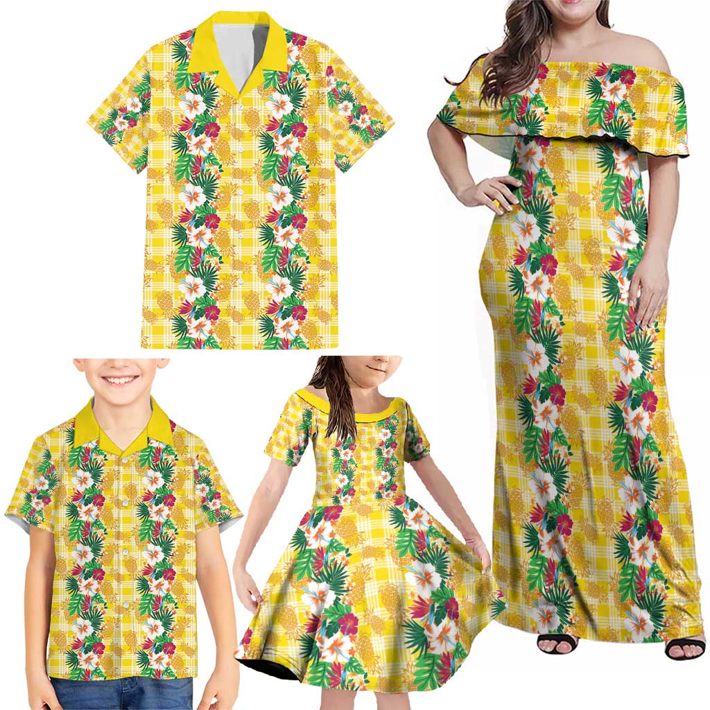 Hawaiian Palaka Family Matching Off Shoulder Maxi Dress and Hawaiian Shirt Hibiscus Pineapple Lei LT9 - Polynesian Pride