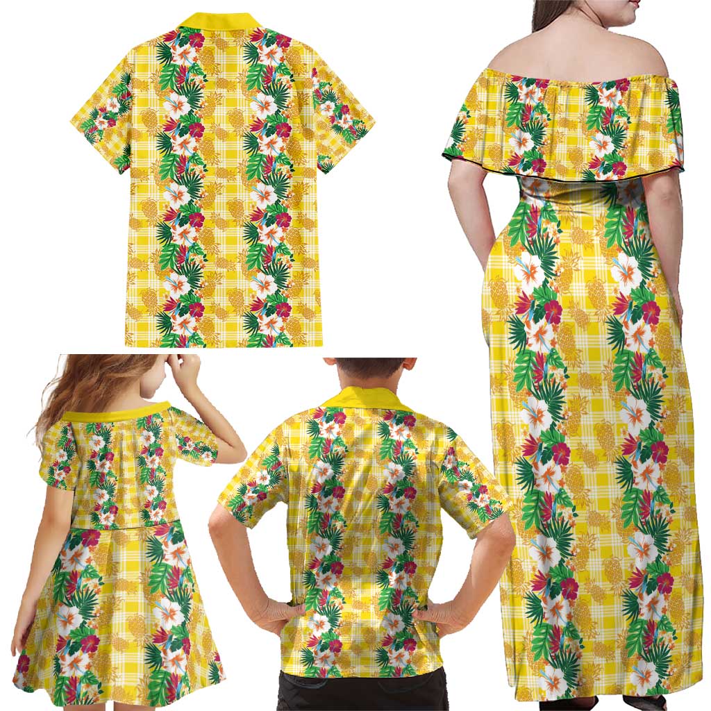 Hawaiian Palaka Family Matching Off Shoulder Maxi Dress and Hawaiian Shirt Hibiscus Pineapple Lei LT9 - Polynesian Pride