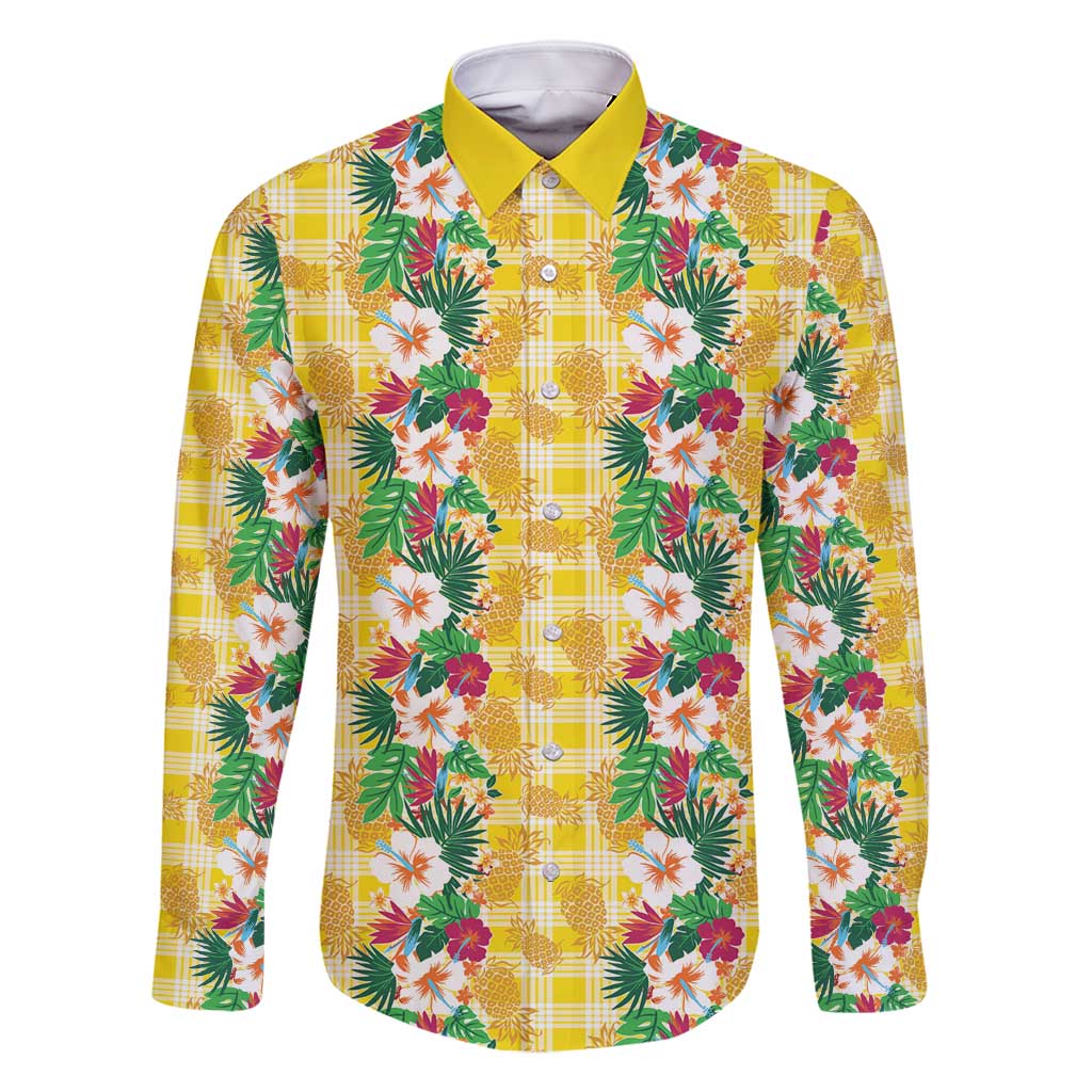 Hawaiian Palaka Family Matching Off Shoulder Maxi Dress and Hawaiian Shirt Hibiscus Pineapple Lei LT9 Dad's Shirt - Long Sleeve Yellow - Polynesian Pride