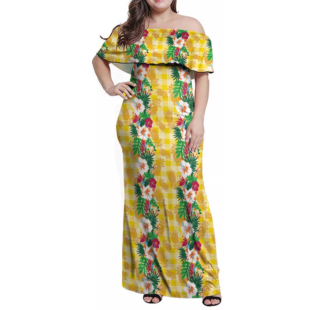 Hawaiian Palaka Family Matching Off Shoulder Maxi Dress and Hawaiian Shirt Hibiscus Pineapple Lei LT9 Mom's Dress Yellow - Polynesian Pride