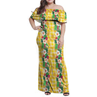 Hawaiian Palaka Family Matching Off Shoulder Maxi Dress and Hawaiian Shirt Hibiscus Pineapple Lei LT9 Mom's Dress Yellow - Polynesian Pride