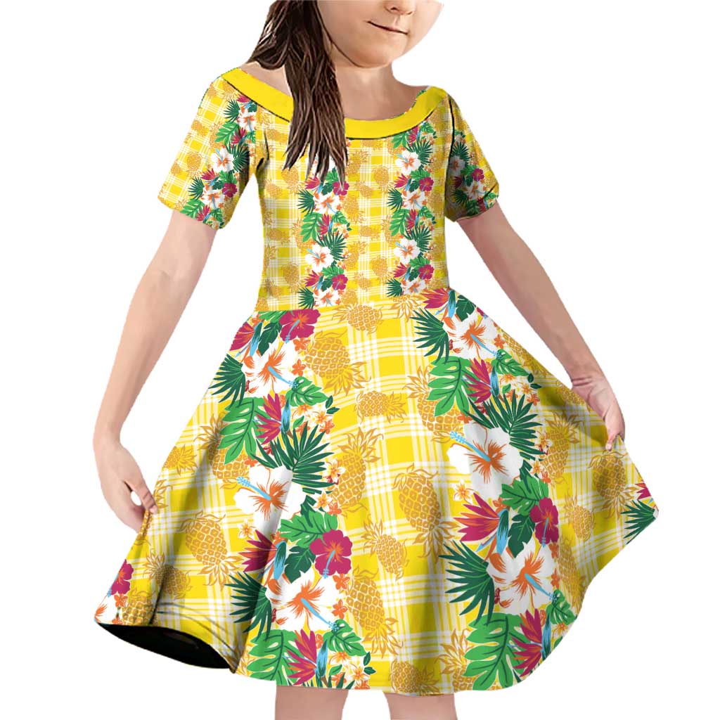 Hawaiian Palaka Family Matching Off Shoulder Short Dress and Hawaiian Shirt Hibiscus Pineapple Lei LT9 Daughter's Dress Yellow - Polynesian Pride