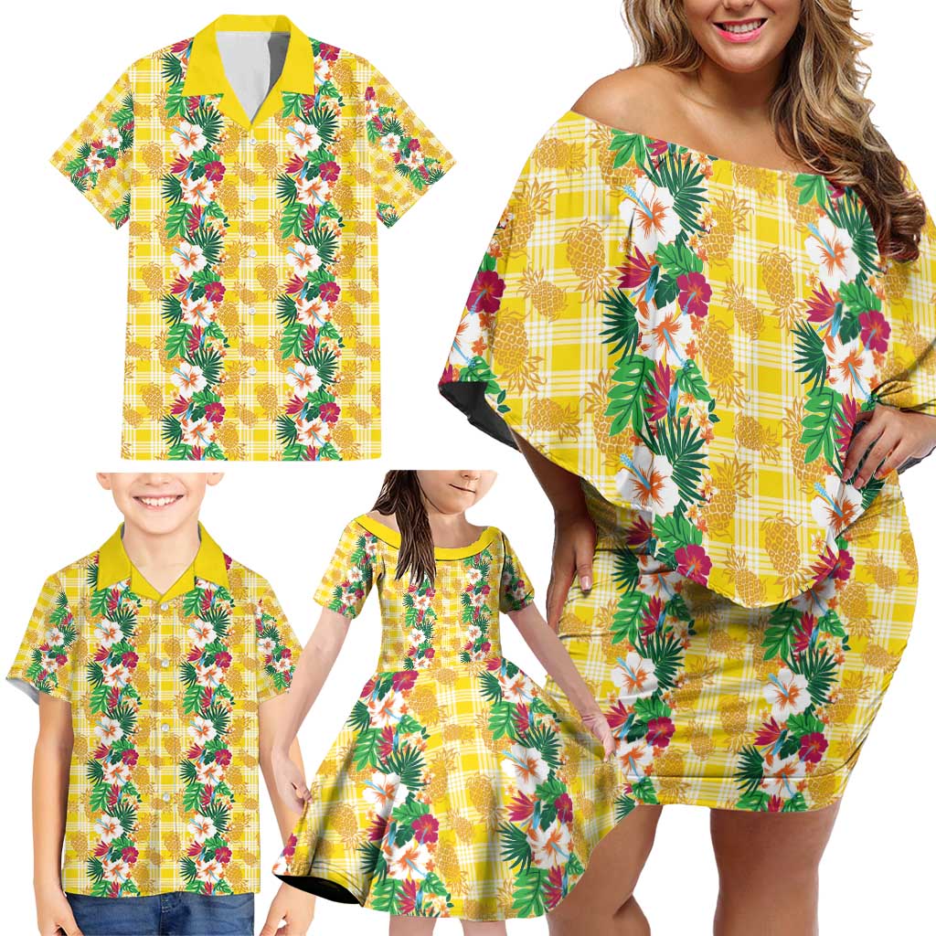 Hawaiian Palaka Family Matching Off Shoulder Short Dress and Hawaiian Shirt Hibiscus Pineapple Lei LT9 - Polynesian Pride