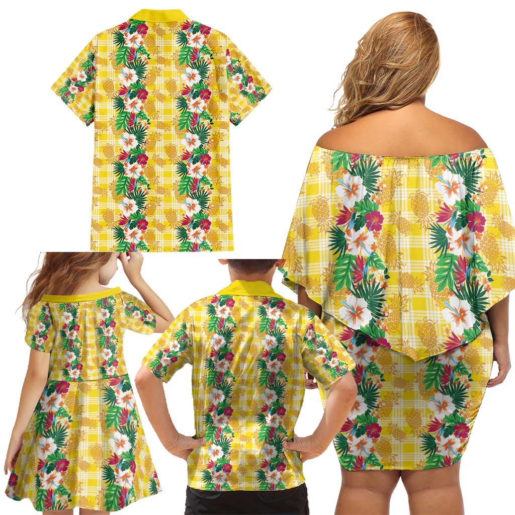 Hawaiian Palaka Family Matching Off Shoulder Short Dress and Hawaiian Shirt Hibiscus Pineapple Lei LT9 - Polynesian Pride