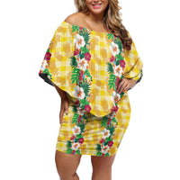 Hawaiian Palaka Family Matching Off Shoulder Short Dress and Hawaiian Shirt Hibiscus Pineapple Lei LT9 Mom's Dress Yellow - Polynesian Pride