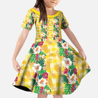 Hawaiian Palaka Family Matching Puletasi and Hawaiian Shirt Hibiscus Pineapple Lei LT9 Daughter's Dress Yellow - Polynesian Pride