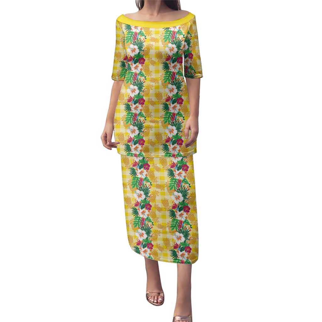 Hawaiian Palaka Family Matching Puletasi and Hawaiian Shirt Hibiscus Pineapple Lei LT9 Mom's Dress Yellow - Polynesian Pride