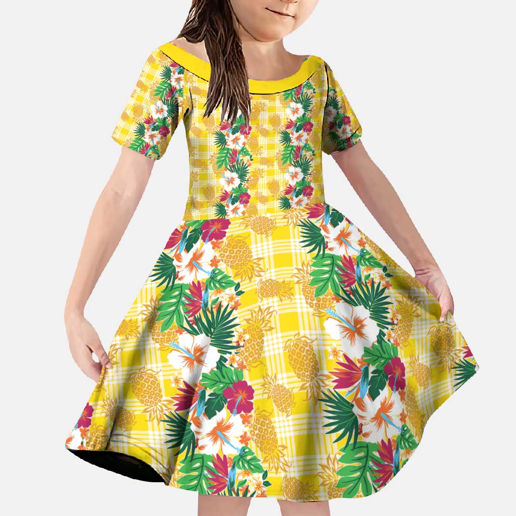 Hawaiian Palaka Family Matching Short Sleeve Bodycon Dress and Hawaiian Shirt Hibiscus Pineapple Lei LT9 Daughter's Dress Yellow - Polynesian Pride