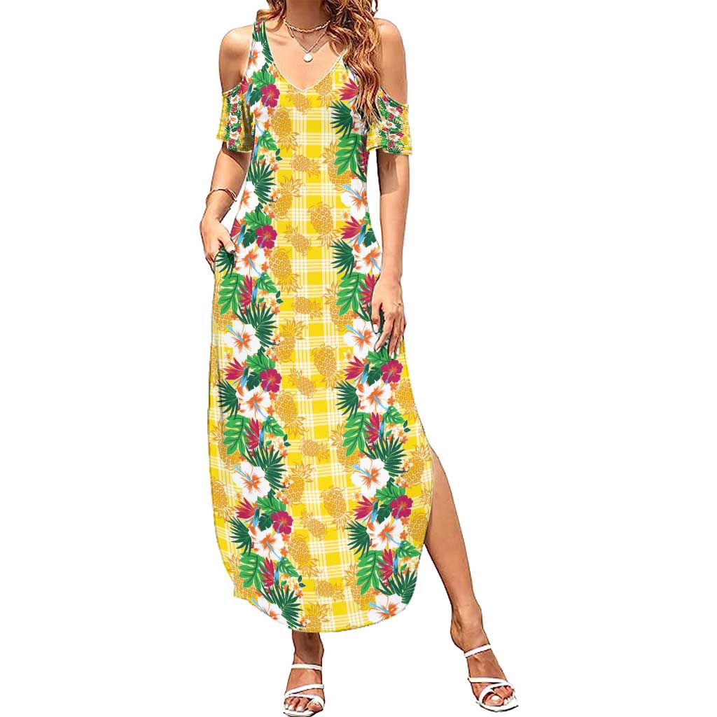 Hawaiian Palaka Family Matching Summer Maxi Dress and Hawaiian Shirt Hibiscus Pineapple Lei LT9 Mom's Dress Yellow - Polynesian Pride