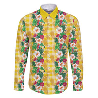 Hawaiian Palaka Family Matching Tank Maxi Dress and Hawaiian Shirt Hibiscus Pineapple Lei LT9 Dad's Shirt - Long Sleeve Yellow - Polynesian Pride