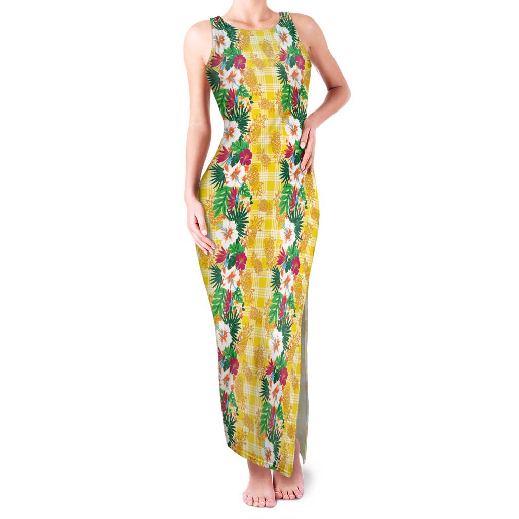 Hawaiian Palaka Family Matching Tank Maxi Dress and Hawaiian Shirt Hibiscus Pineapple Lei LT9 Mom's Dress Yellow - Polynesian Pride