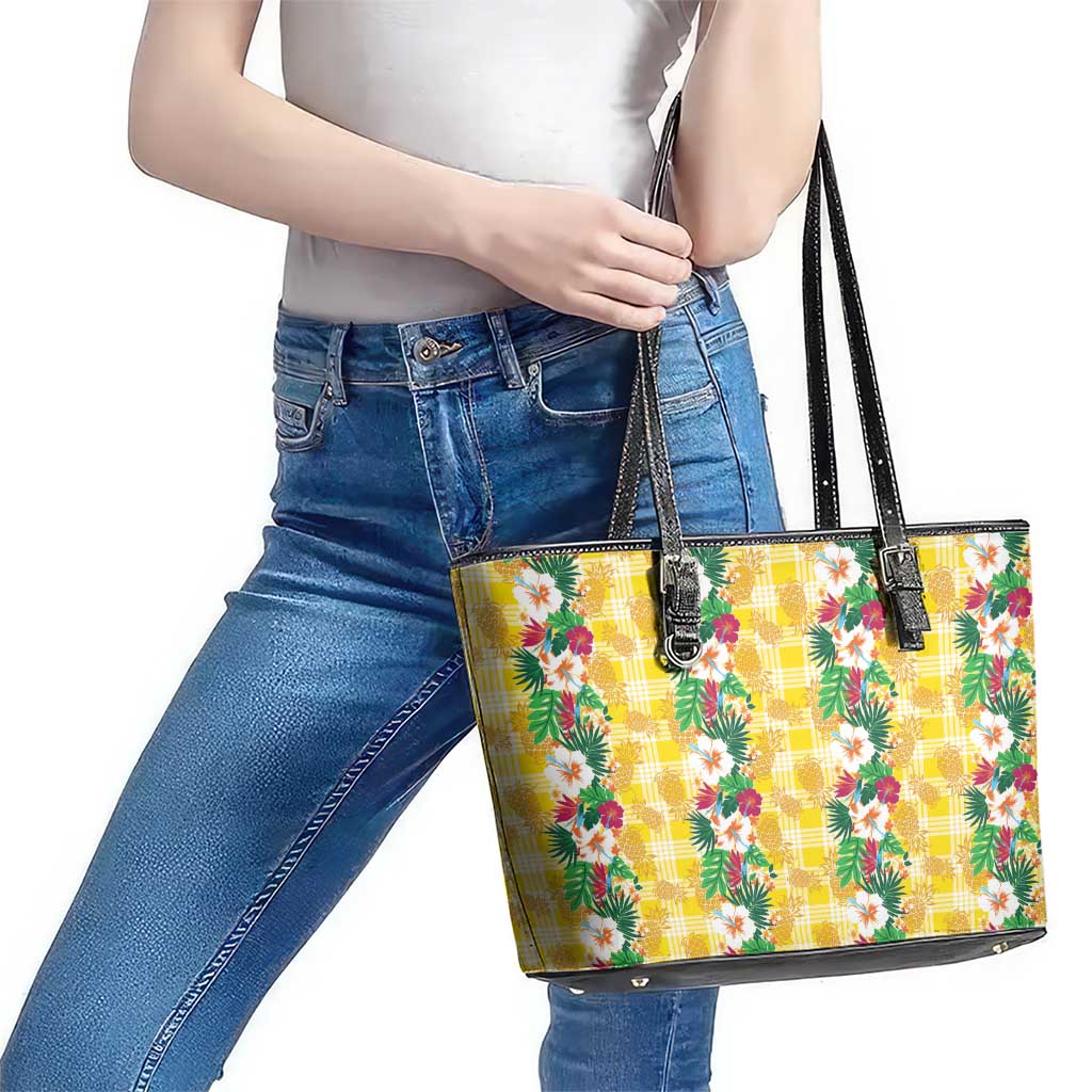 Hawaiian Palaka Leather Tote Bag Hibiscus Pineapple Lei - Polynesian Pride