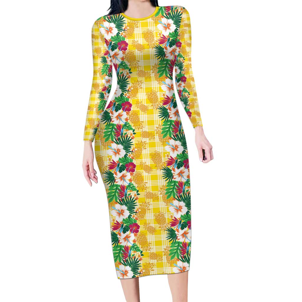 Hawaiian Palaka Long Sleeve Bodycon Dress Hibiscus Pineapple Lei - Polynesian Pride