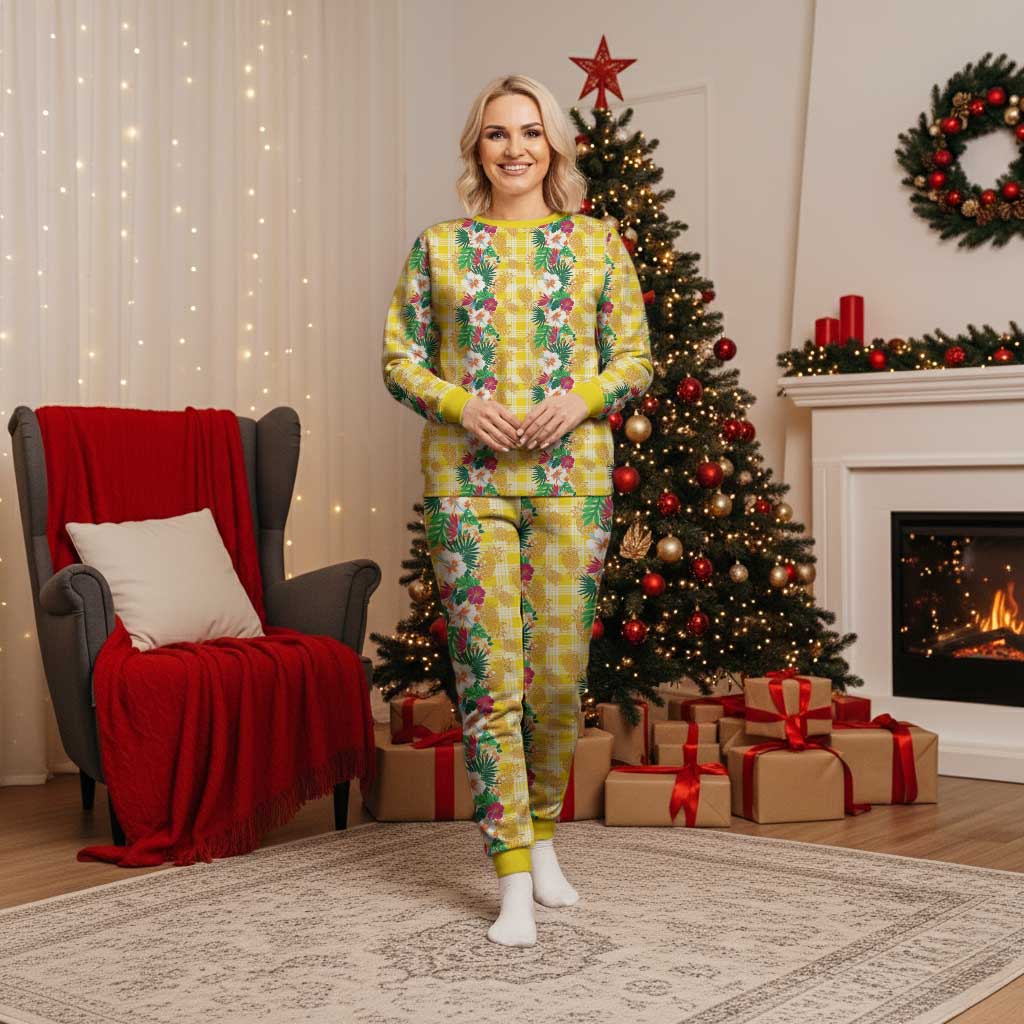 Hawaiian Palaka Christmas Pajama Set Hibiscus Pineapple Lei - Polynesian Pride