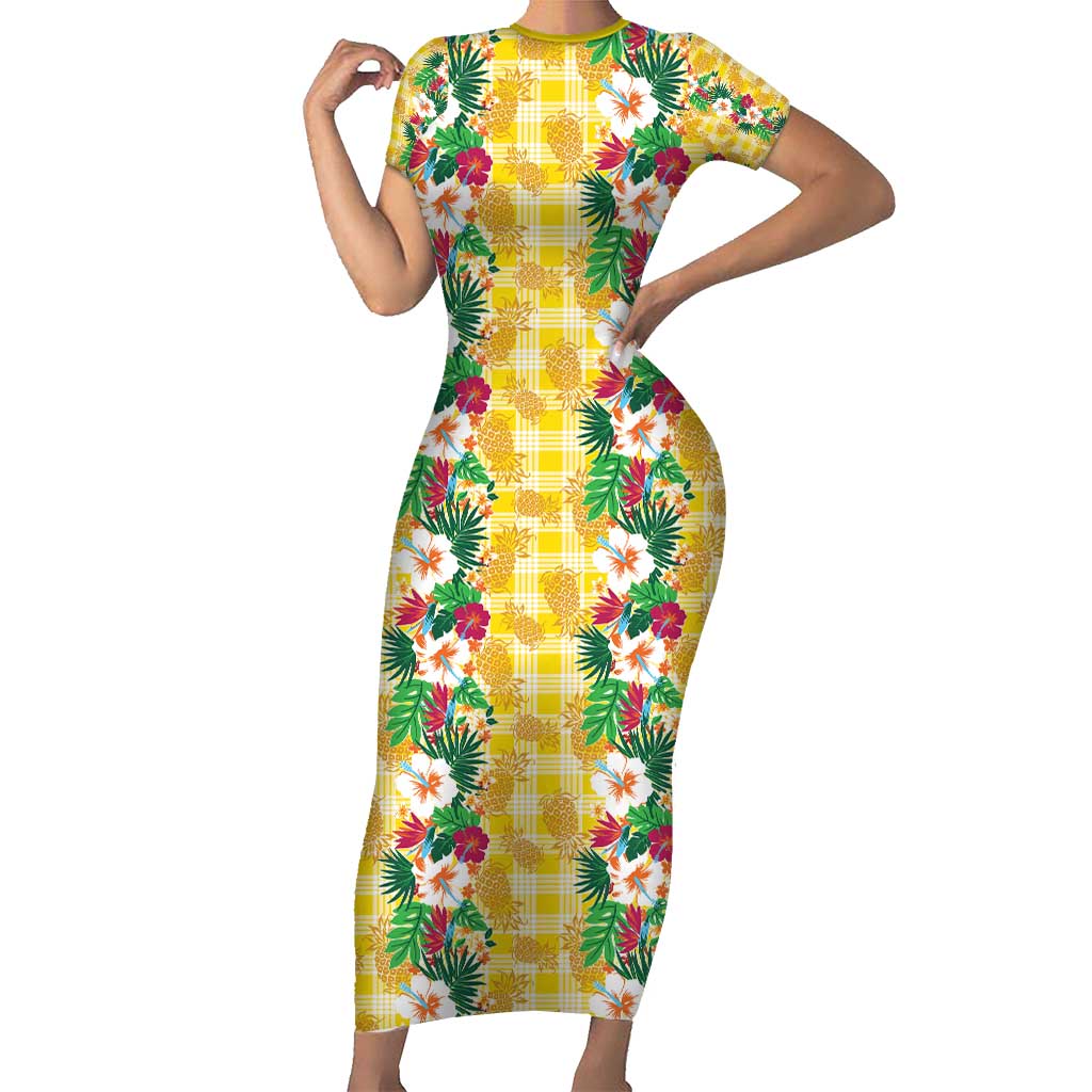 Hawaiian Palaka Short Sleeve Bodycon Dress Hibiscus Pineapple Lei - Polynesian Pride