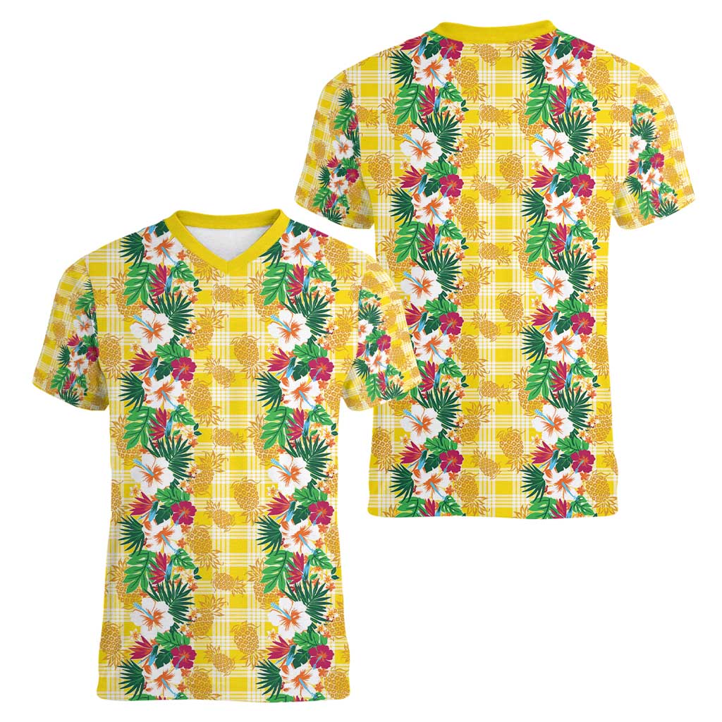 Hawaiian Palaka Women V-Neck T-Shirt Hibiscus Pineapple Lei - Polynesian Pride