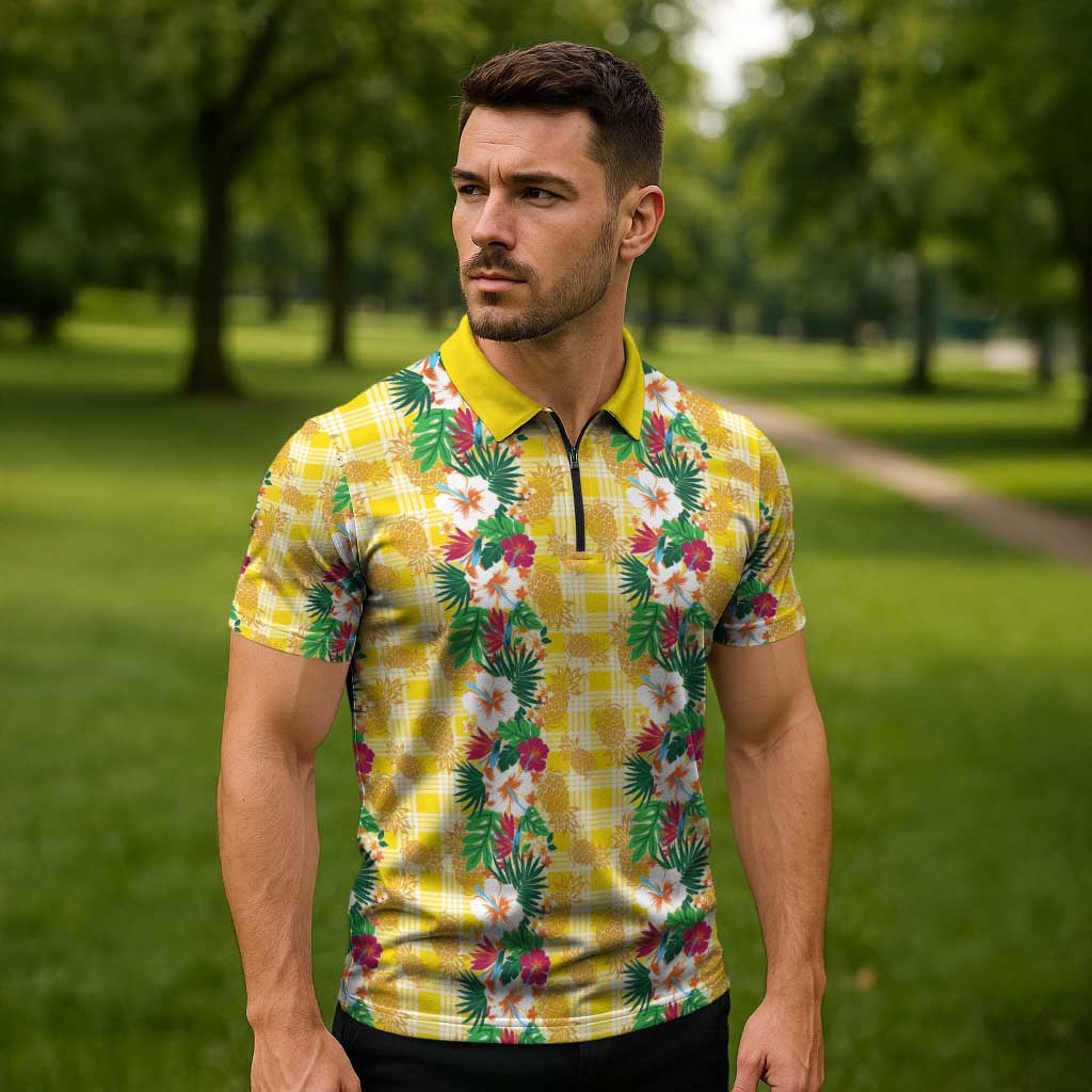 Hawaiian Palaka Zipper Polo Shirt Hibiscus Pineapple Lei - Polynesian Pride