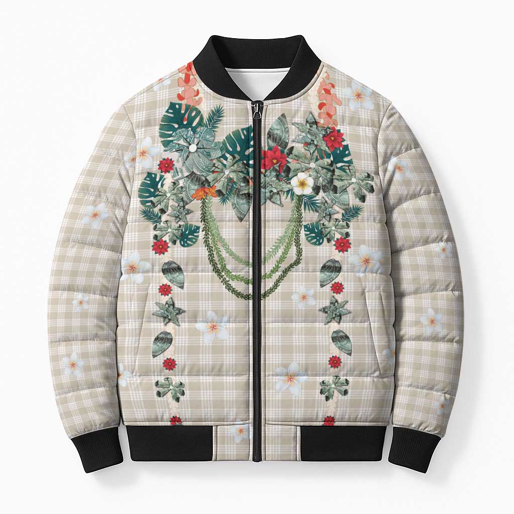 Brown Hawaiian Palaka Bomber Puffer Jacket Kukui Nut Money Lei LT9 Unisex Brown - Polynesian Pride