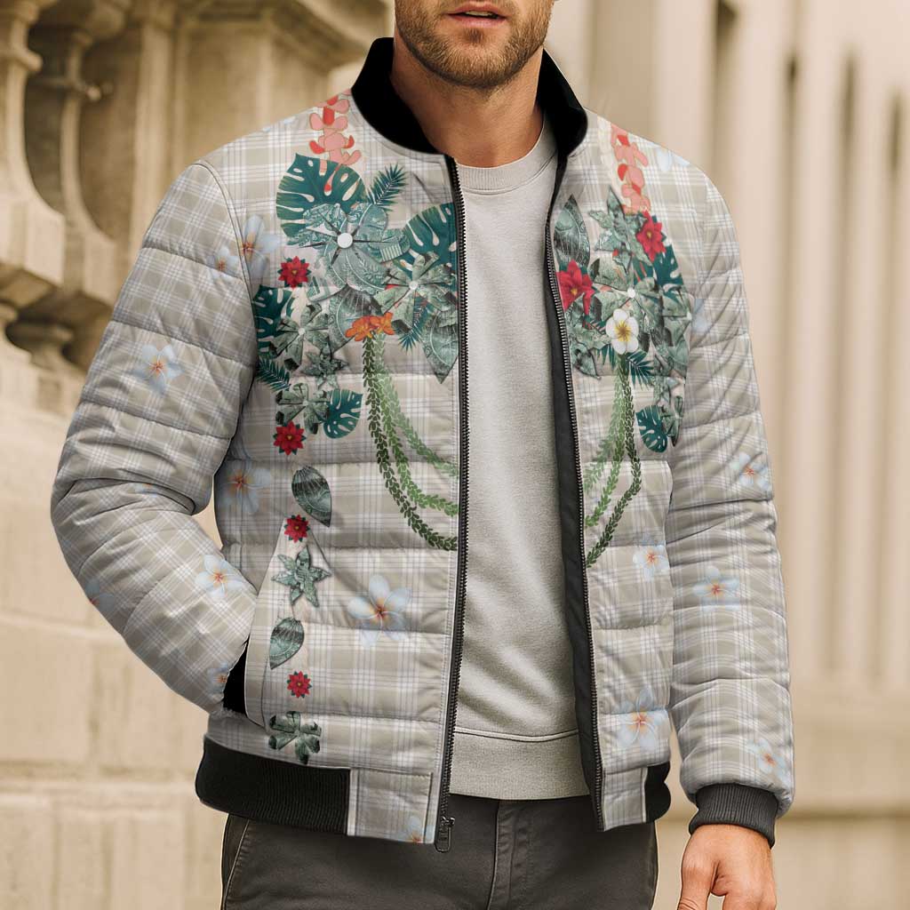 Brown Hawaiian Palaka Bomber Puffer Jacket Kukui Nut Money Lei - Polynesian Pride