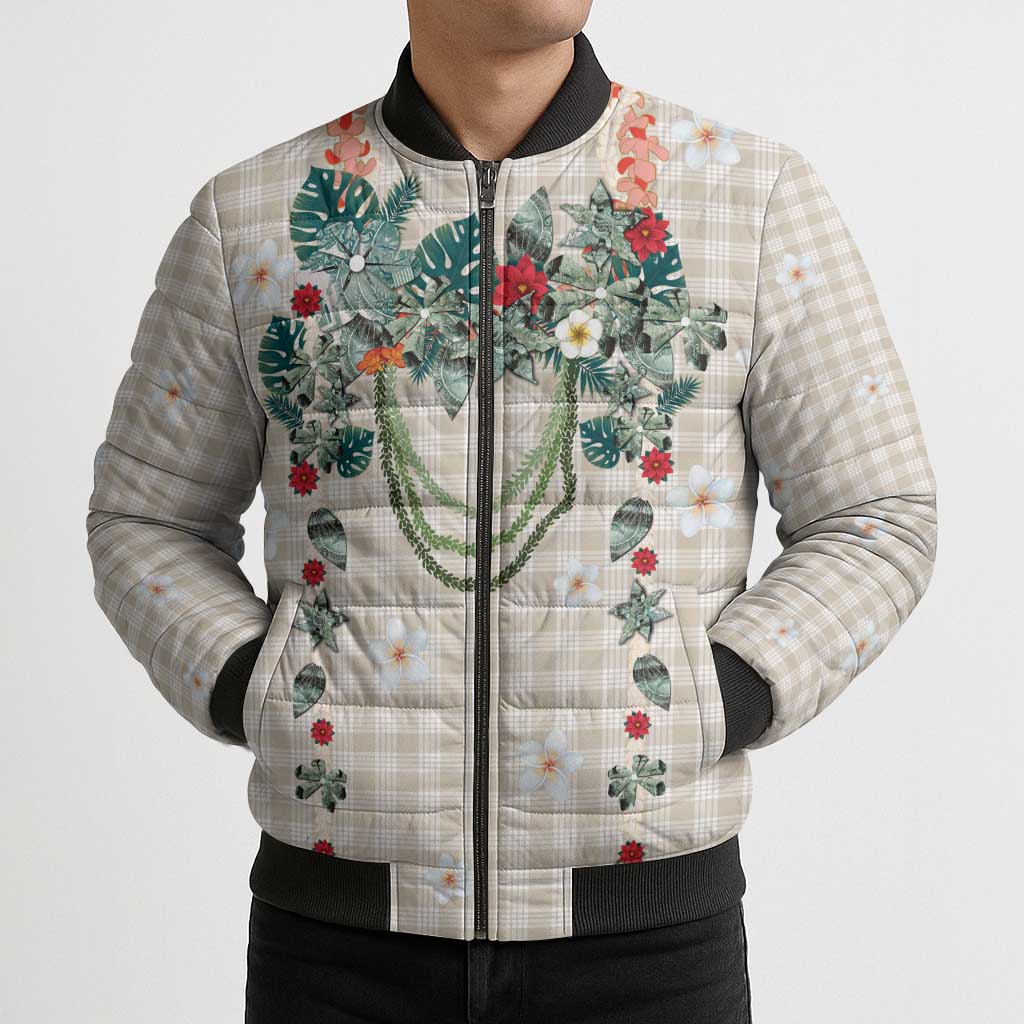 Brown Hawaiian Palaka Bomber Puffer Jacket Kukui Nut Money Lei - Polynesian Pride
