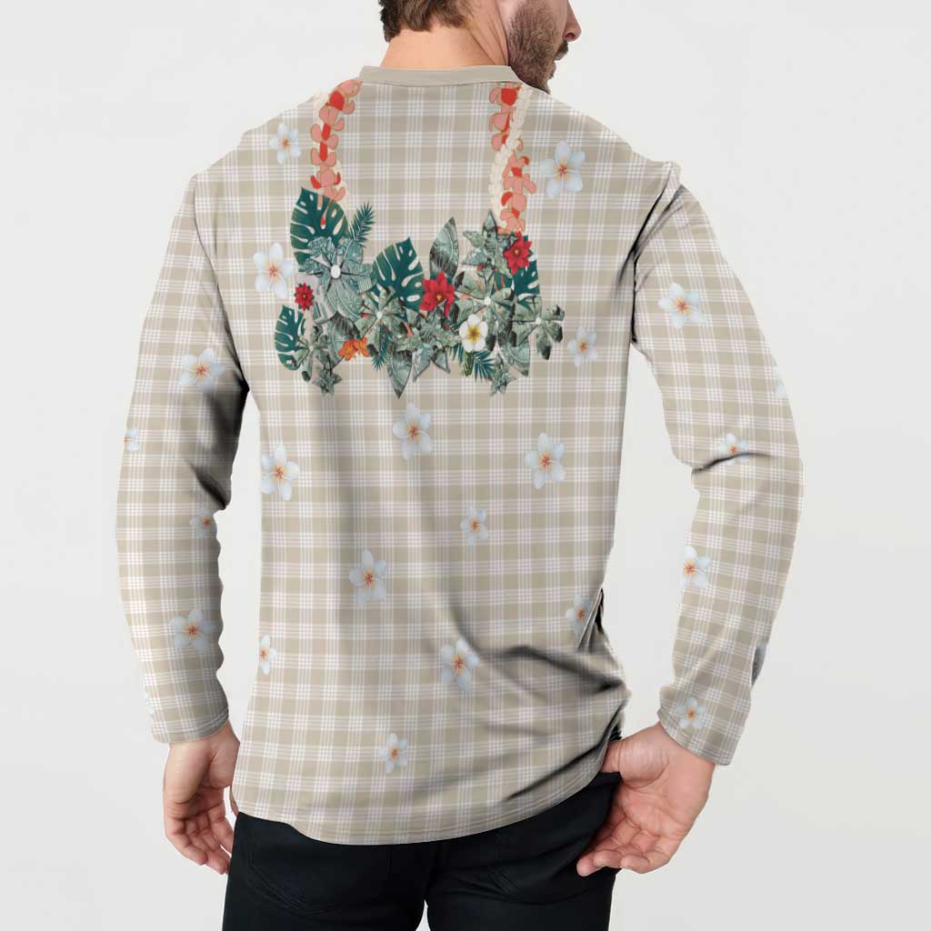 Brown Hawaiian Palaka Button Sweatshirt Kukui Nut Money Lei - Polynesian Pride