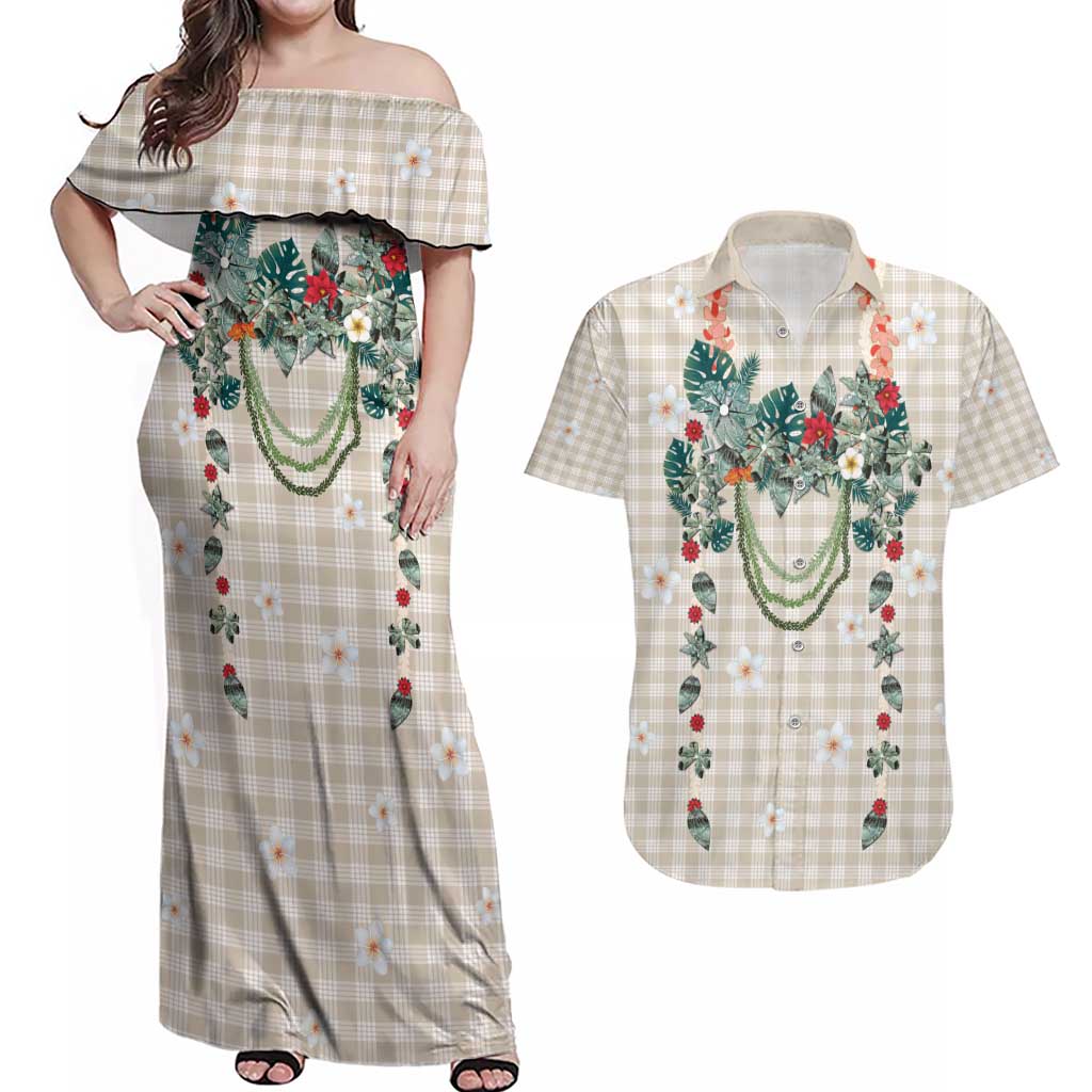 Brown Hawaiian Palaka Couples Matching Off Shoulder Maxi Dress and Hawaiian Shirt Kukui Nut Money Lei LT9 Brown - Polynesian Pride