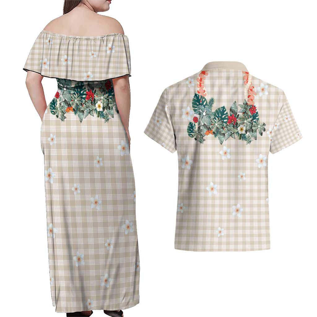 Brown Hawaiian Palaka Couples Matching Off Shoulder Maxi Dress and Hawaiian Shirt Kukui Nut Money Lei LT9 - Polynesian Pride