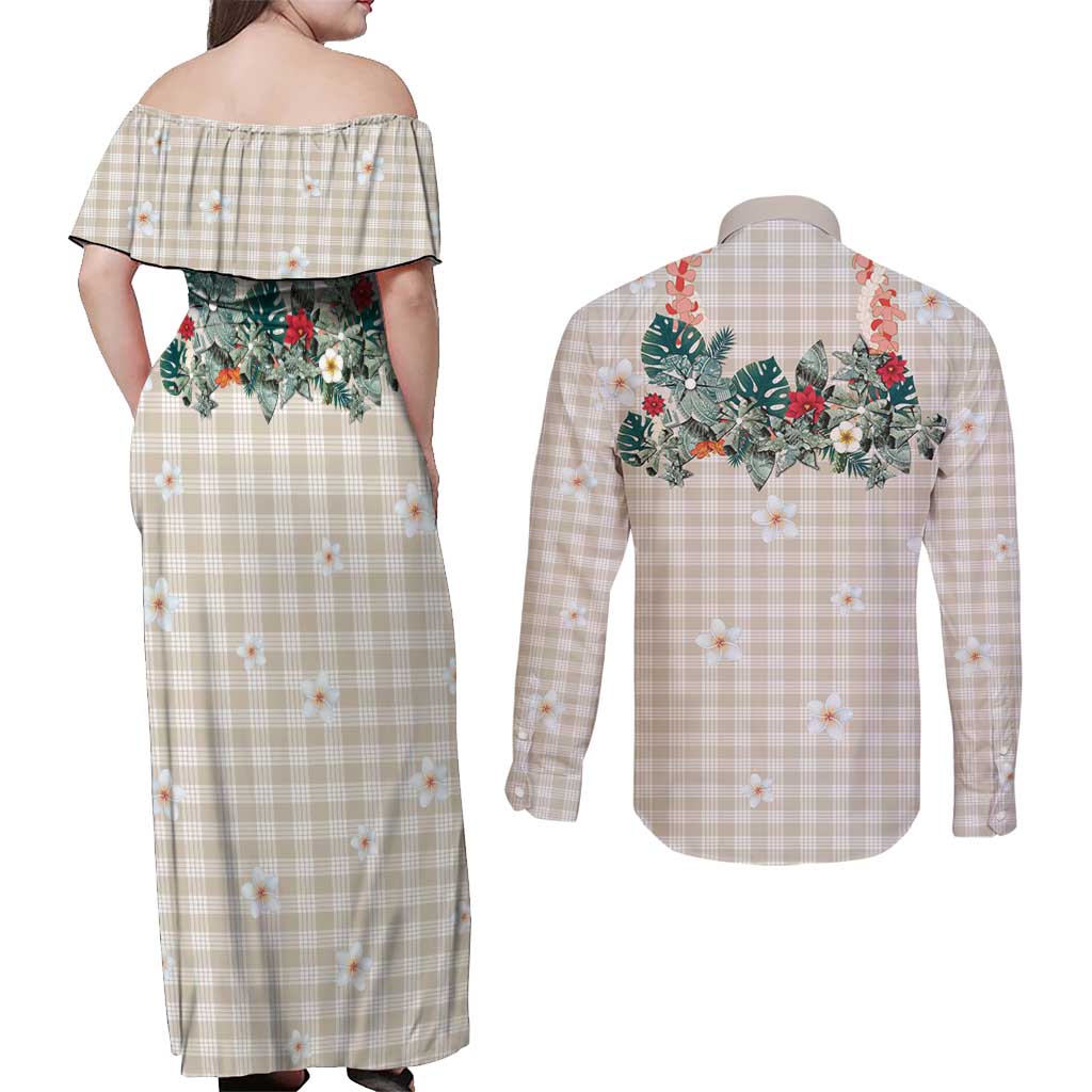 Brown Hawaiian Palaka Couples Matching Off Shoulder Maxi Dress and Long Sleeve Button Shirt Kukui Nut Money Lei LT9 - Polynesian Pride