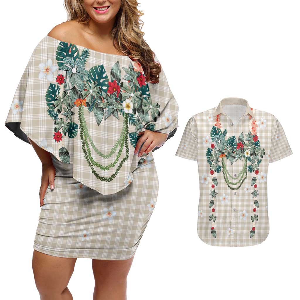 Brown Hawaiian Palaka Couples Matching Off Shoulder Short Dress and Hawaiian Shirt Kukui Nut Money Lei LT9 Brown - Polynesian Pride