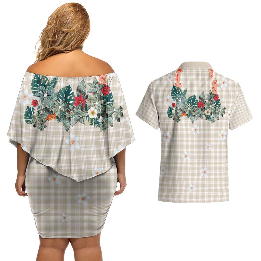 Brown Hawaiian Palaka Couples Matching Off Shoulder Short Dress and Hawaiian Shirt Kukui Nut Money Lei LT9 - Polynesian Pride