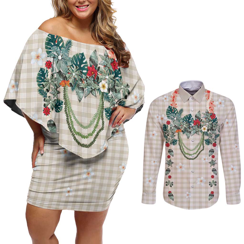 Brown Hawaiian Palaka Couples Matching Off Shoulder Short Dress and Long Sleeve Button Shirt Kukui Nut Money Lei LT9 Brown - Polynesian Pride