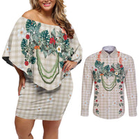 Brown Hawaiian Palaka Couples Matching Off Shoulder Short Dress and Long Sleeve Button Shirt Kukui Nut Money Lei LT9 Brown - Polynesian Pride