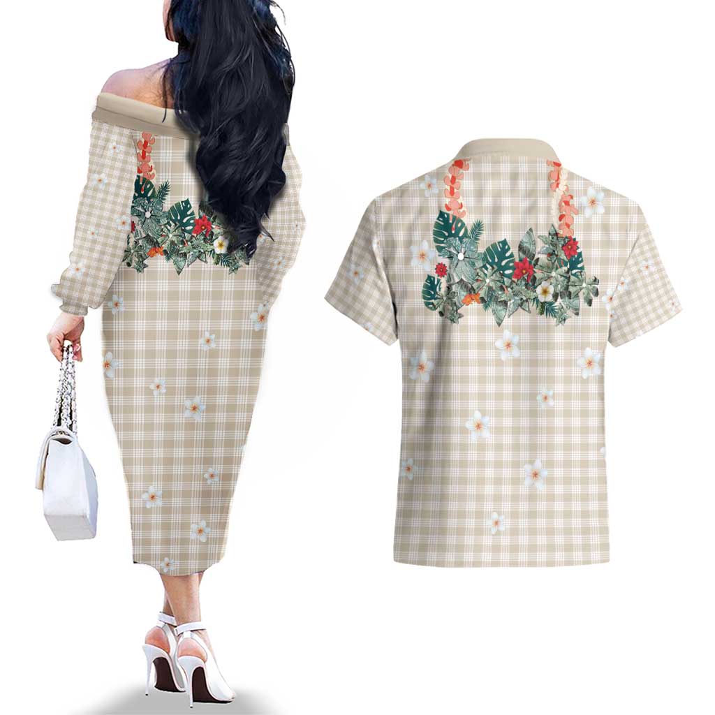 Brown Hawaiian Palaka Couples Matching Off The Shoulder Long Sleeve Dress and Hawaiian Shirt Kukui Nut Money Lei LT9 - Polynesian Pride