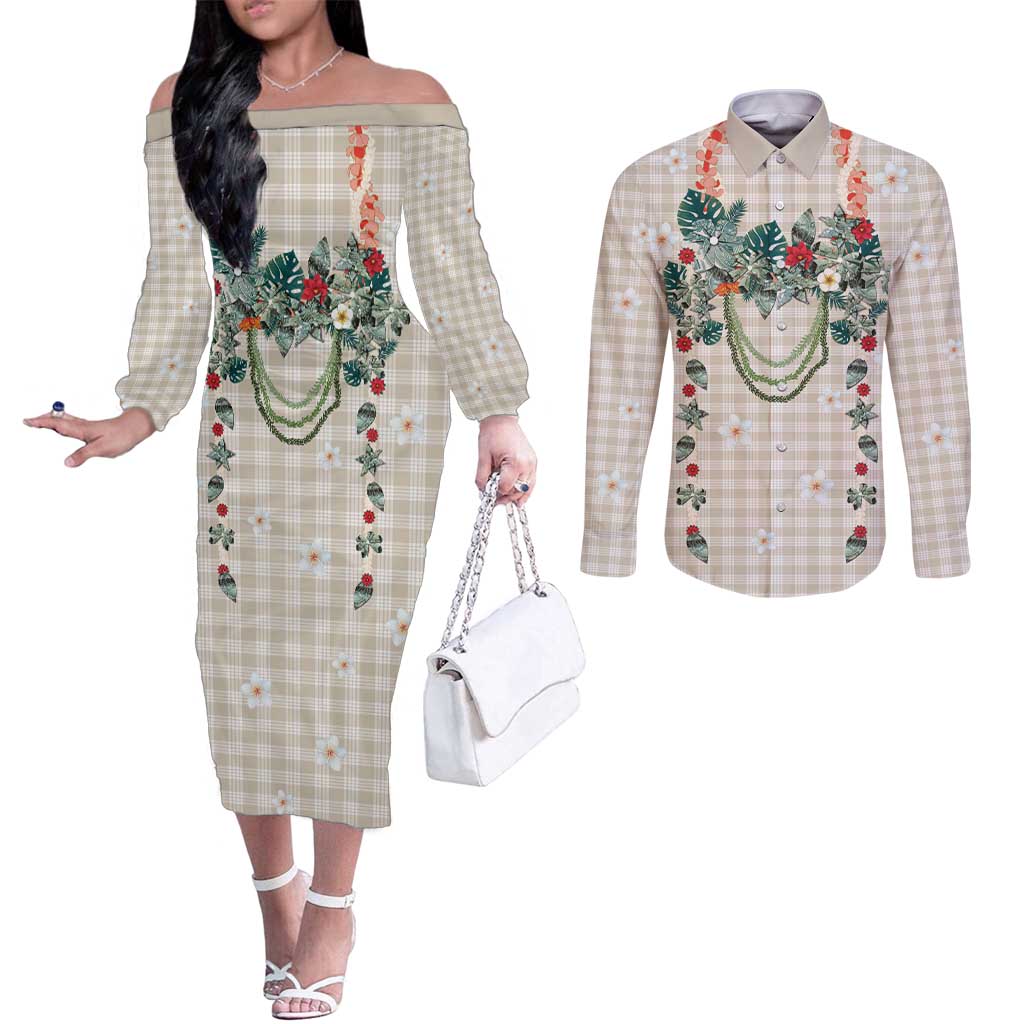 Brown Hawaiian Palaka Couples Matching Off The Shoulder Long Sleeve Dress and Long Sleeve Button Shirt Kukui Nut Money Lei LT9 Brown - Polynesian Pride