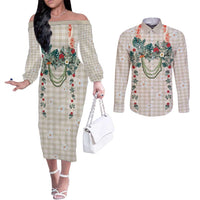 Brown Hawaiian Palaka Couples Matching Off The Shoulder Long Sleeve Dress and Long Sleeve Button Shirt Kukui Nut Money Lei LT9 Brown - Polynesian Pride